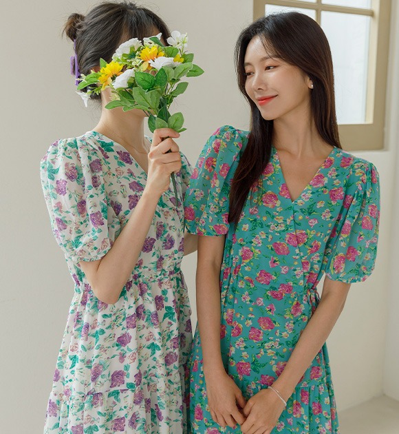 韓國花朵雪紡長洋裝