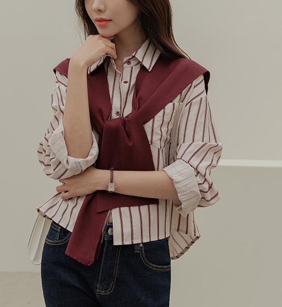韓國條紋襯衫與披肩套組