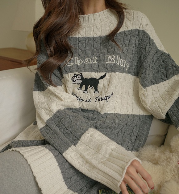 韓國貓咪條紋羔羊毛針織洋裝