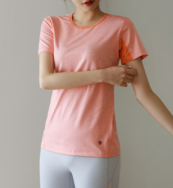 韓國後弧形鏤空配色短袖T恤(橘色)