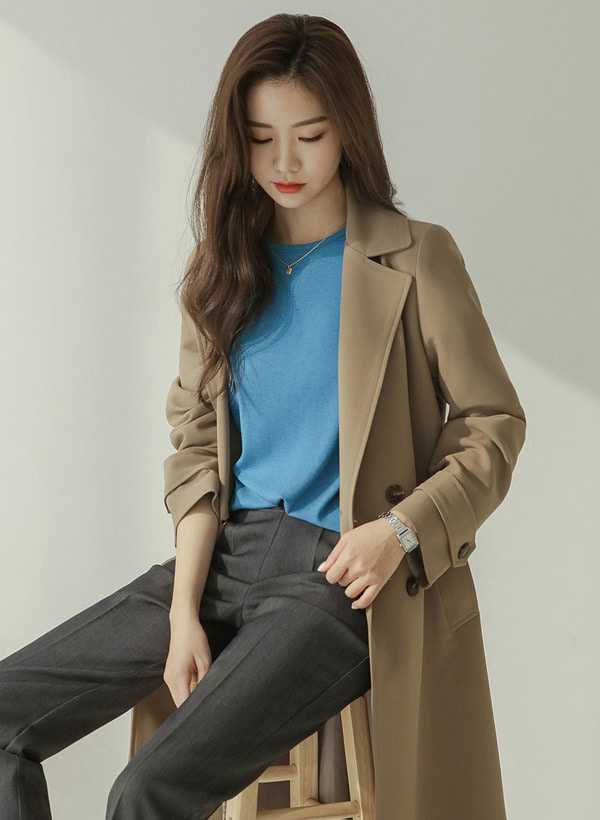 韓國釦帶裝飾翻領雙排釦風衣外套