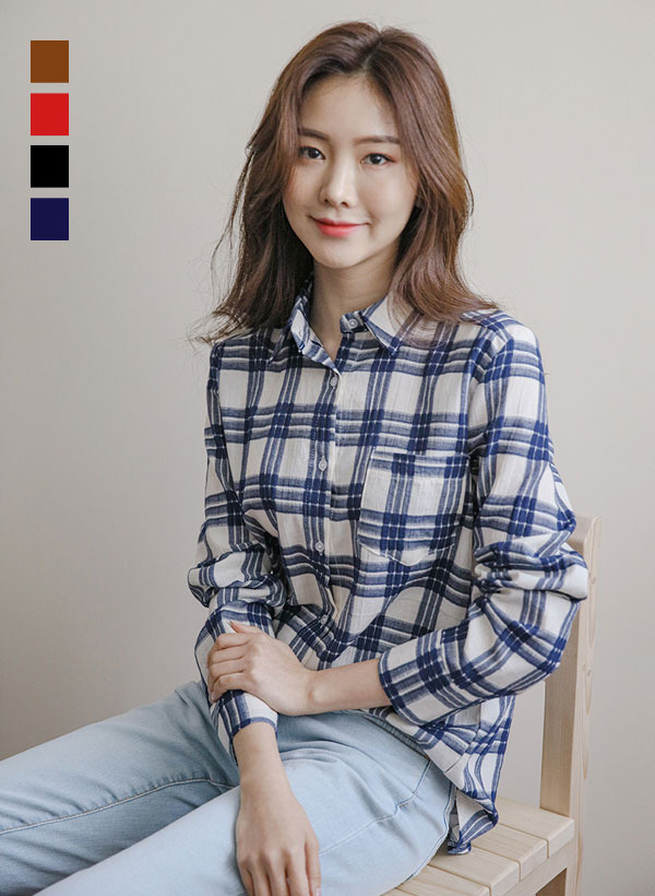 韓國配色三線格紋單口袋襯衫