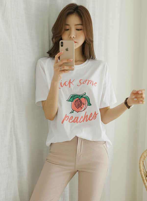 韓國桃子圖案印字短袖T恤