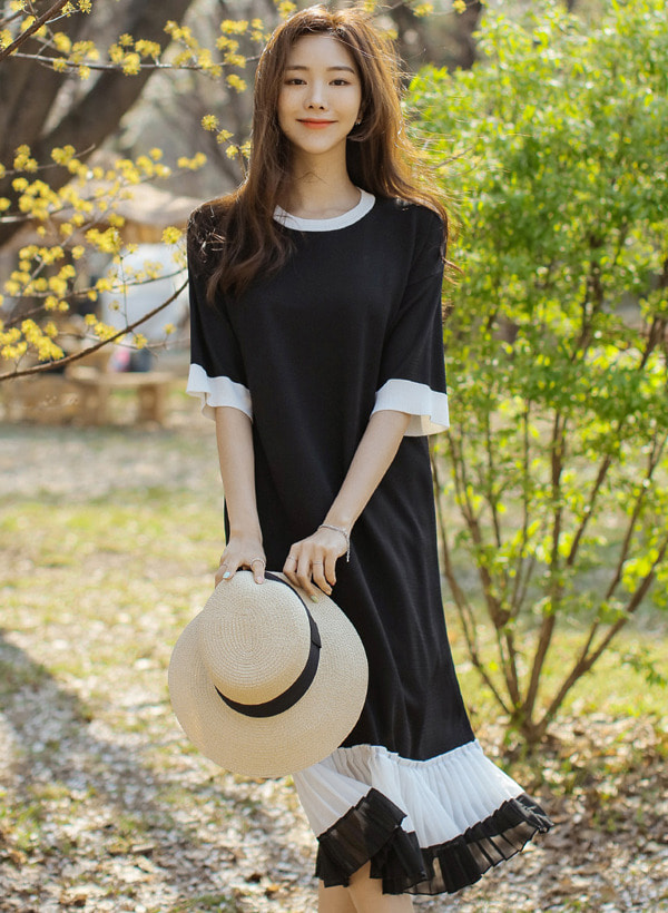 韓國配色百褶襬短袖針織洋裝