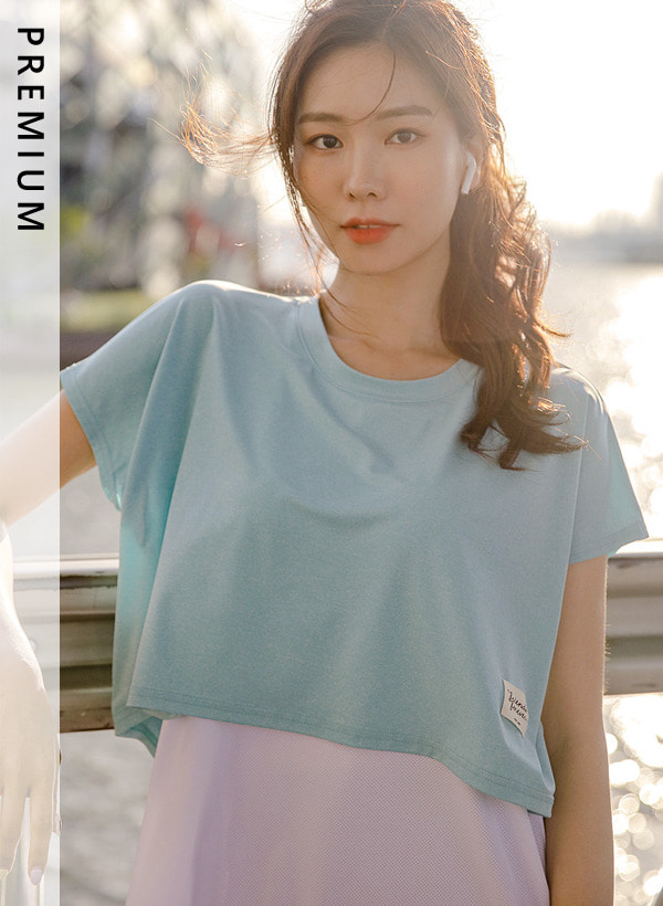 韓國[哇，好爽]配色拼接層次襬短袖T恤