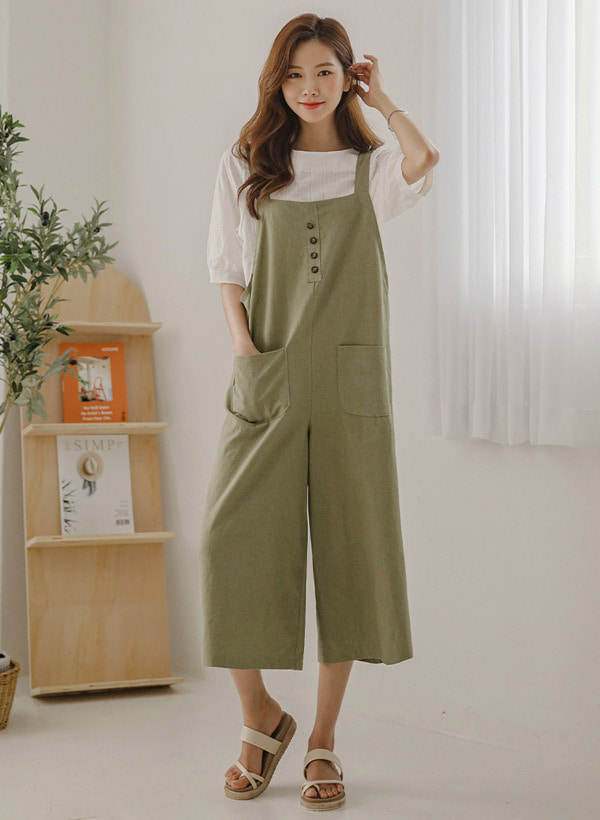 韓國混色釦飾多口袋棉麻連身褲
