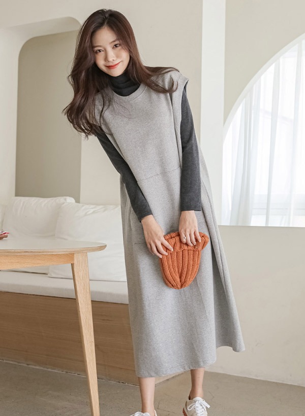 韓國袋鼠口袋圓領無袖長洋裝