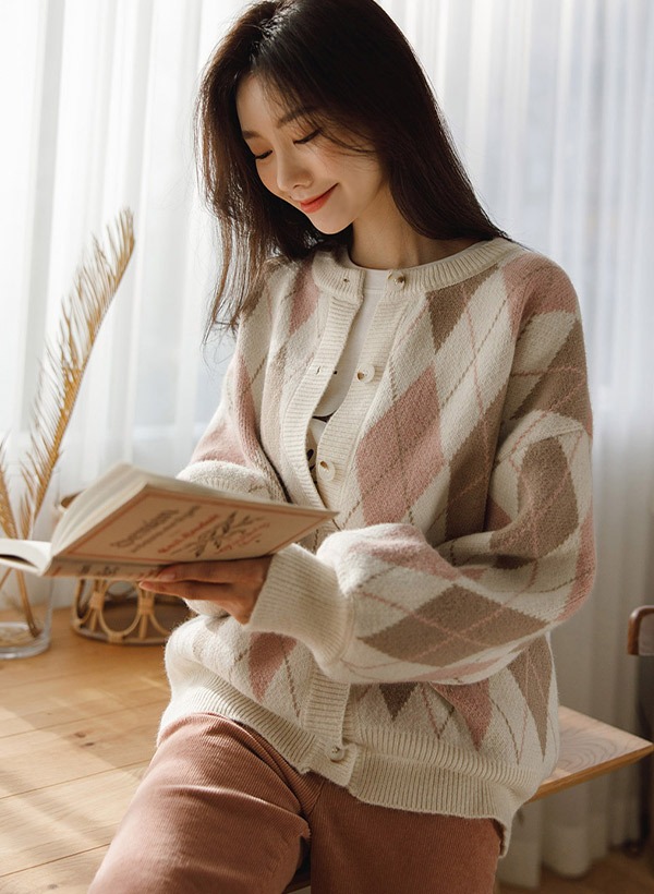 韓國淡色菱格圖案泡泡袖針織外套