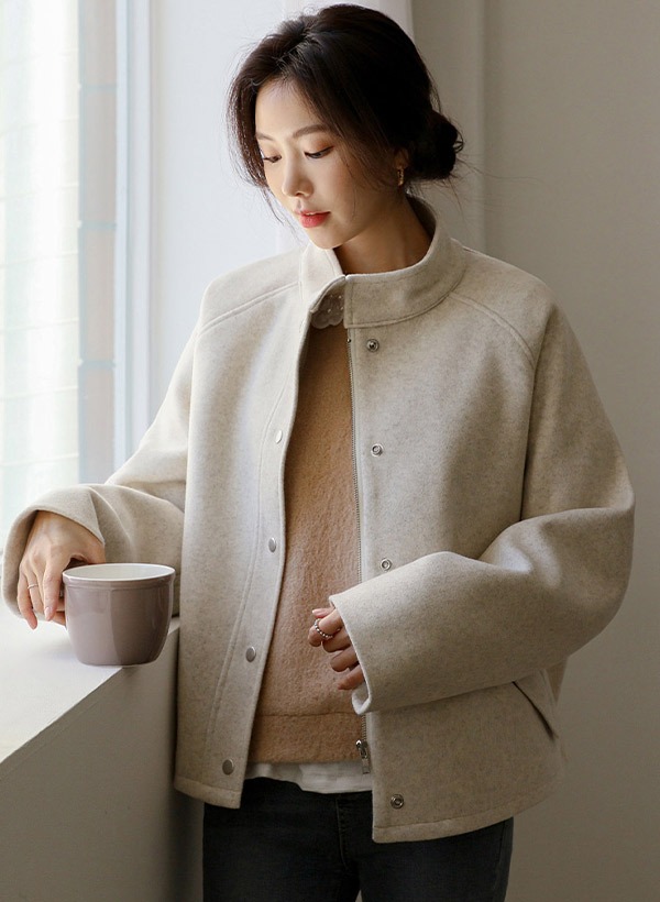 韓國混羊毛立領壓釦內絎縫外套