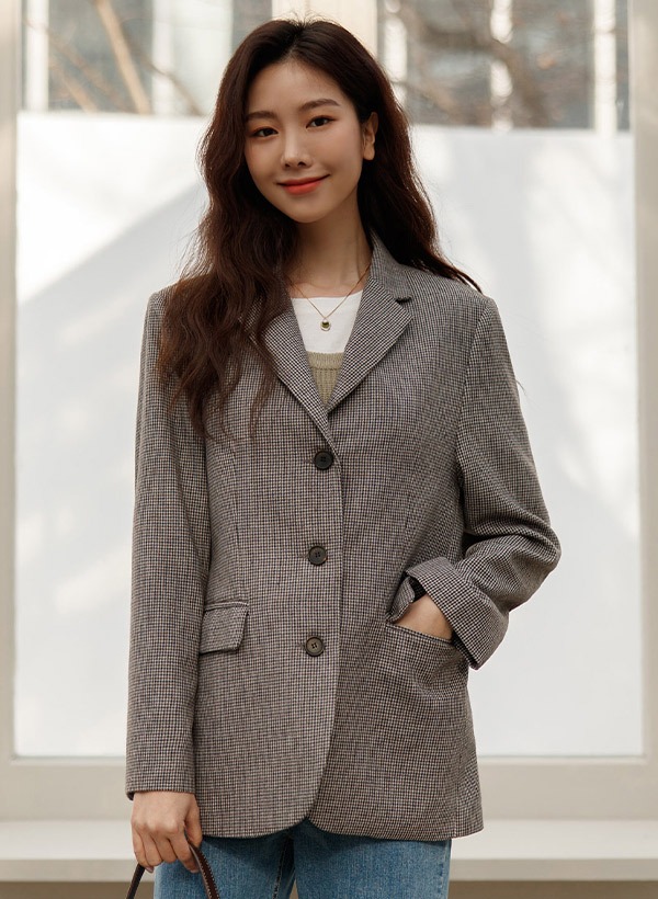 韓國混羊毛細格紋墊肩西裝外套