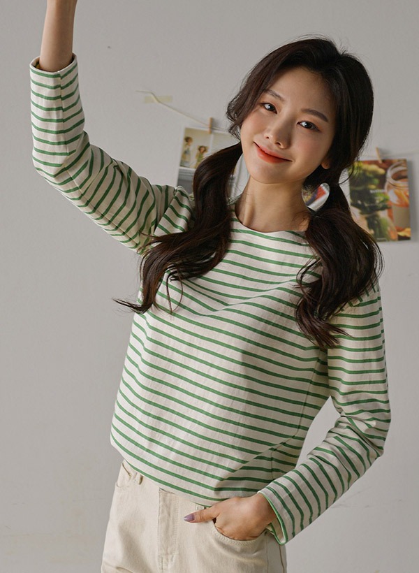 韓國配色條紋圓領落肩棉質T恤