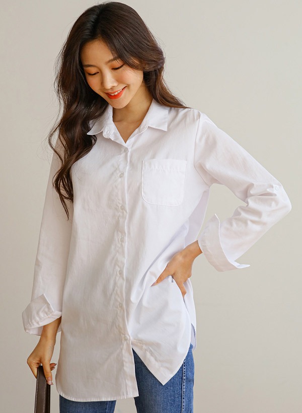 韓國反摺釦帶單口袋長版襯衫