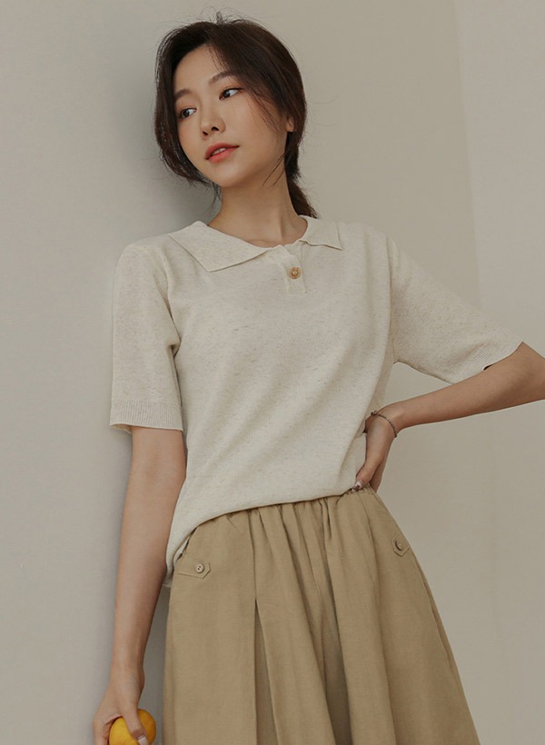 韓國翻領單釦微透短袖針織衫