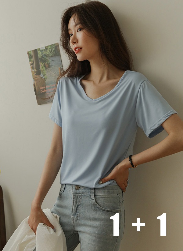 韓國[1+1]防潑水涼感U領短袖T恤