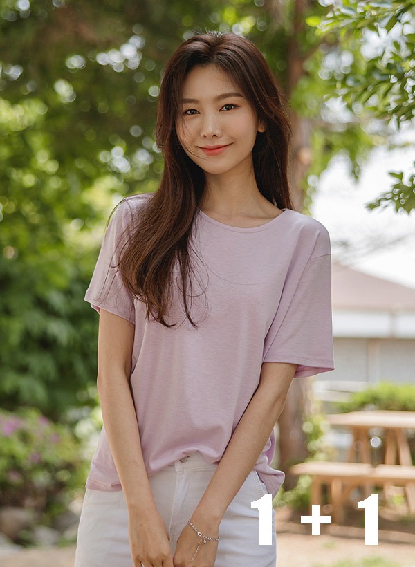 韓國[1+1]輕柔彈力圓領素色短袖T恤