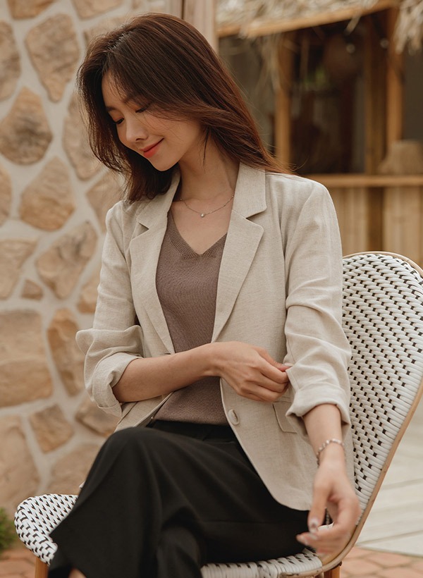韓國亞麻混紡微短版西裝外套