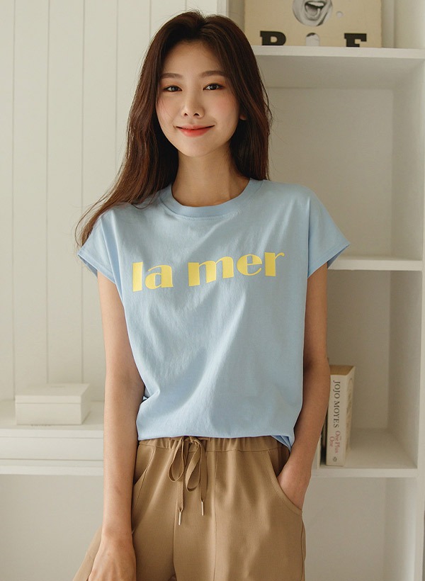 韓國la mer配色印字包肩袖T恤