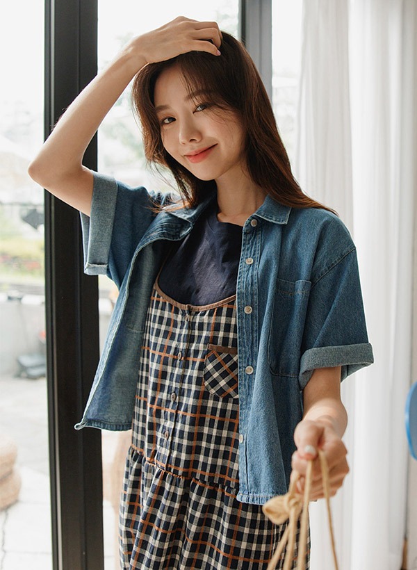韓國雙口袋造型短袖牛仔襯衫
