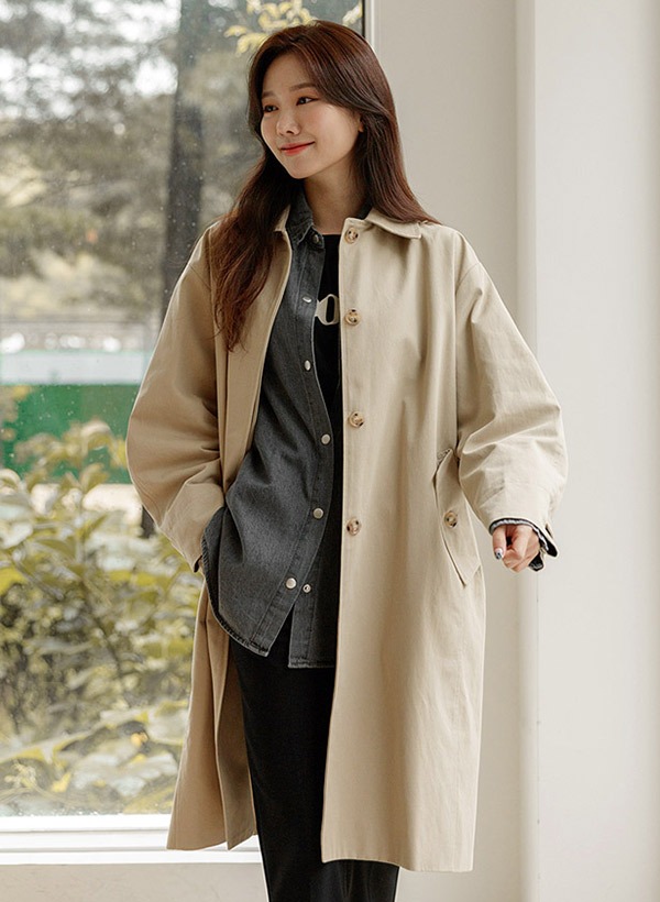 韓國格紋反摺袖暗釦風衣外套