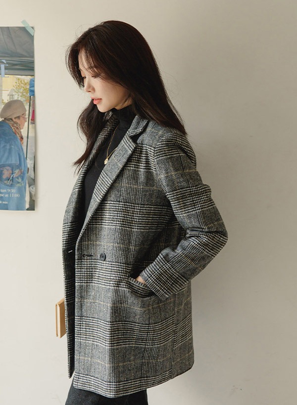 韓國格紋雙釦內絎縫西裝外套