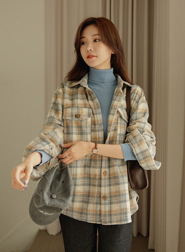 韓國寬鬆刷毛雙口袋格紋襯衫