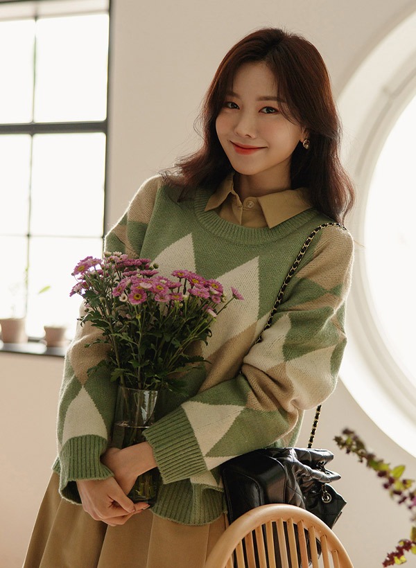 韓國配色菱格圖案寬鬆針織衫