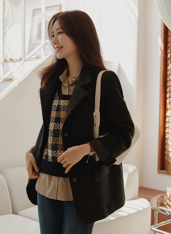 韓國寬鬆感袖釦羊毛西裝外套