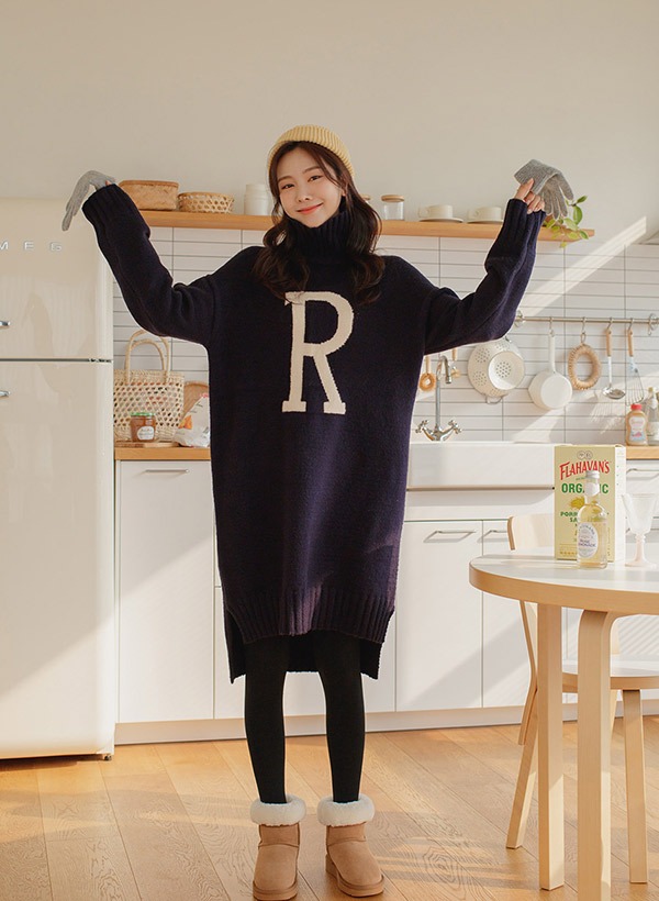 韓國配色R字高領開衩襬針織洋裝