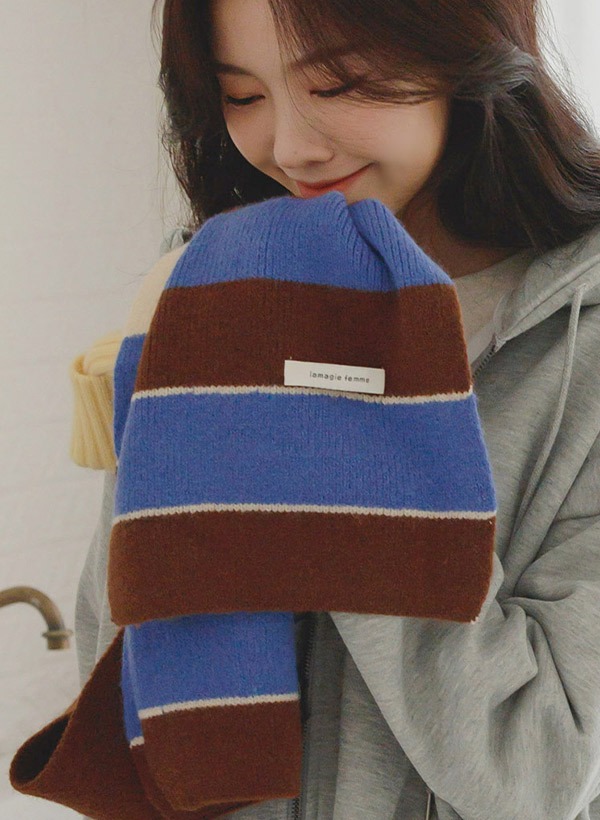 韓國小標籤裝飾配色條紋圍巾
