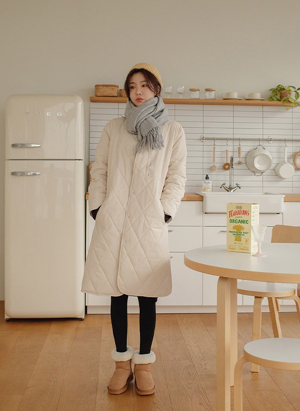 韓國菱格絎縫拉鍊口袋長版外套