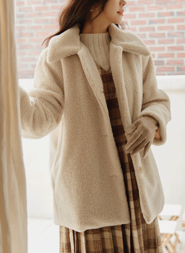 韓國絨毛內絎縫翻領中長版大衣