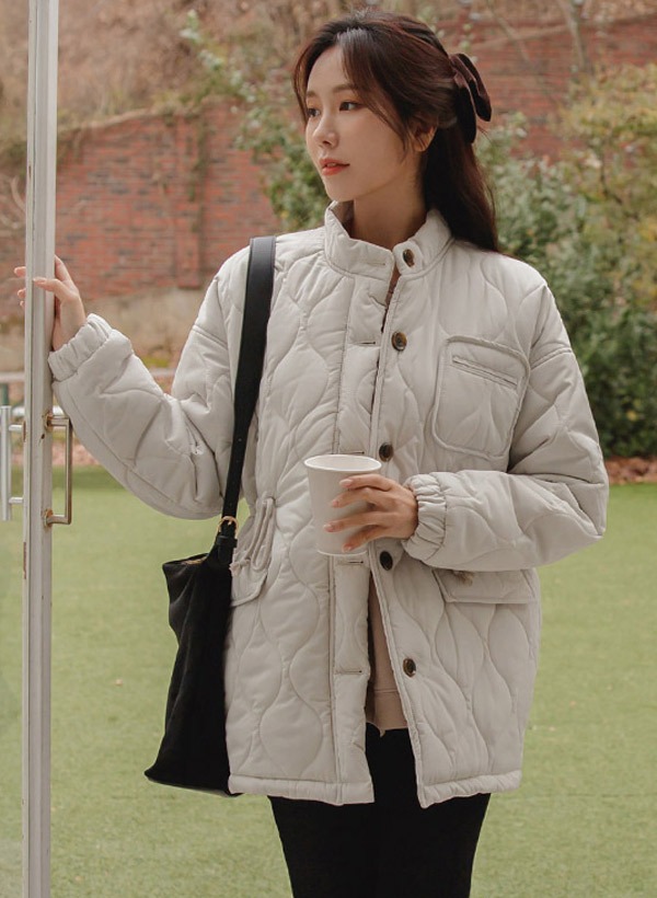 韓國口袋裝飾立領抽繩保暖外套