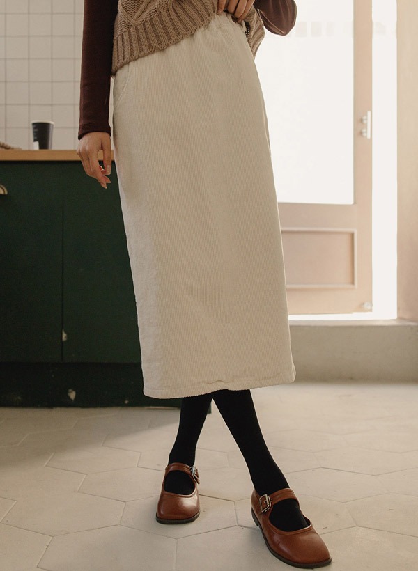 韓國釦帶設計鬆緊腰燈芯絨長裙