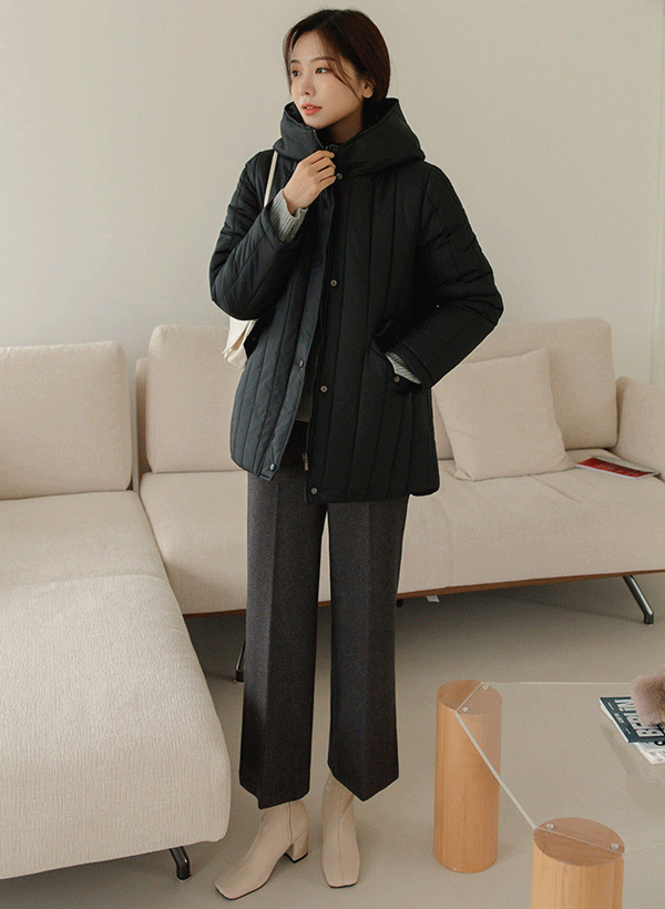 韓國直紋絎縫內絨毛連帽外套