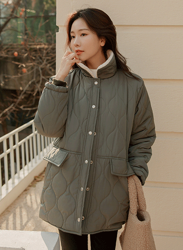 韓國絨毛翻領排釦絎縫保暖外套