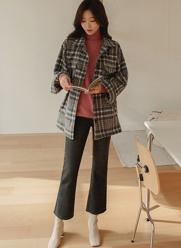 韓國輕量羊毛翻蓋口袋格紋襯衫