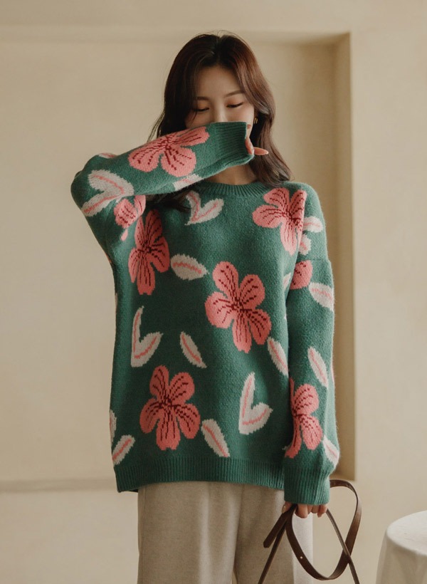 韓國大花朵圖案圓領寬鬆針織衫