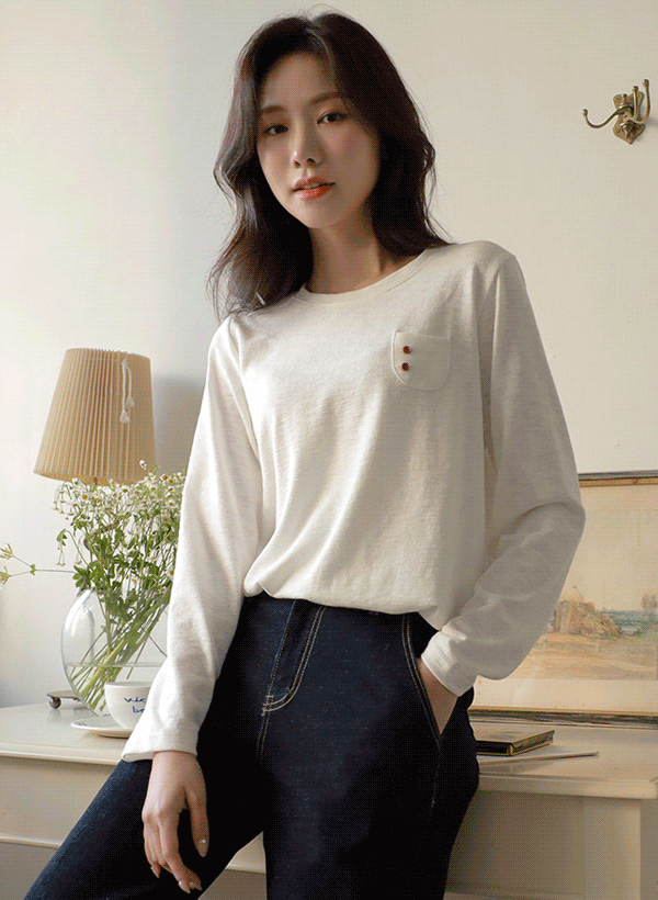 韓國鈕釦裝飾小口袋圓領T恤