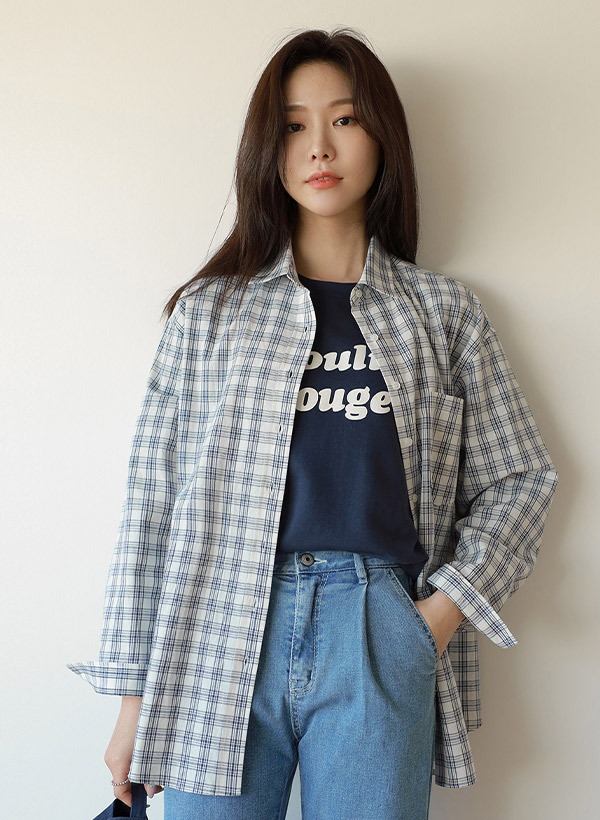 韓國棉質格紋單口袋弧襬襯衫