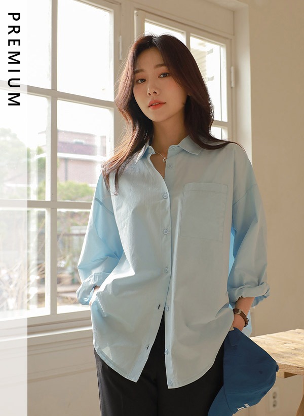 韓國[只在這裡] 斜線鈕釦寬鬆版兩維襯衫