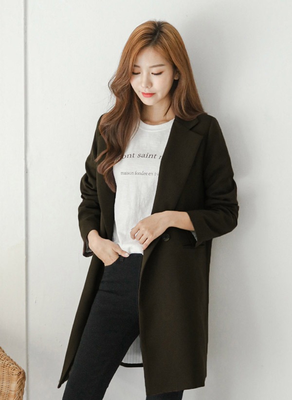 韓國雙釦嵌線口袋長版西裝外套