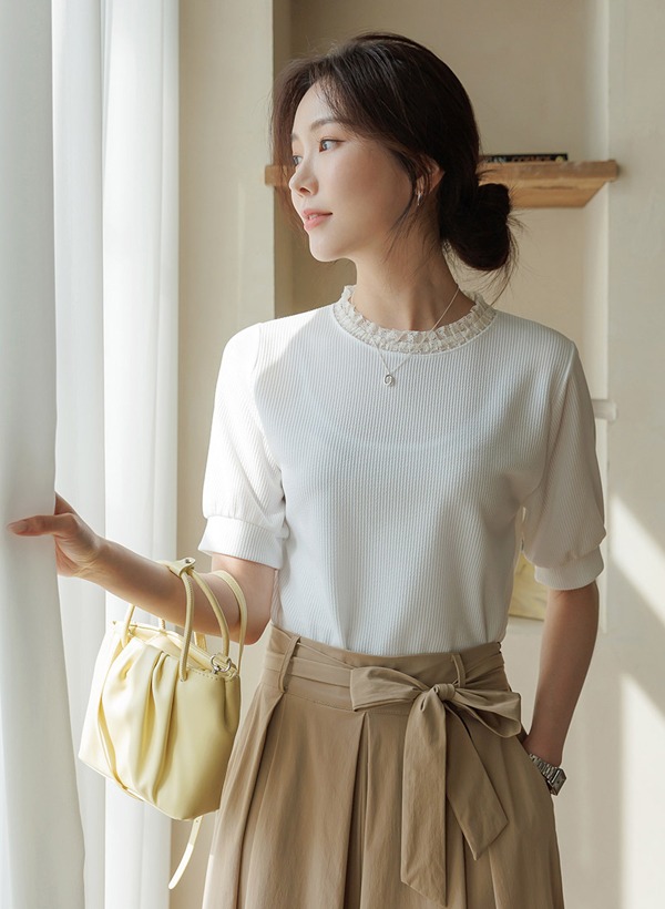韓國蕾絲圓領泡泡袖羅紋T恤