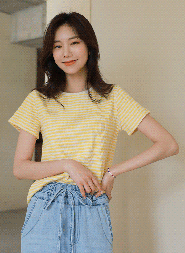 韓國細條紋圓領羅紋短袖T恤
