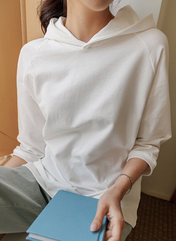 韓國拉克蘭七分袖純色連帽T恤