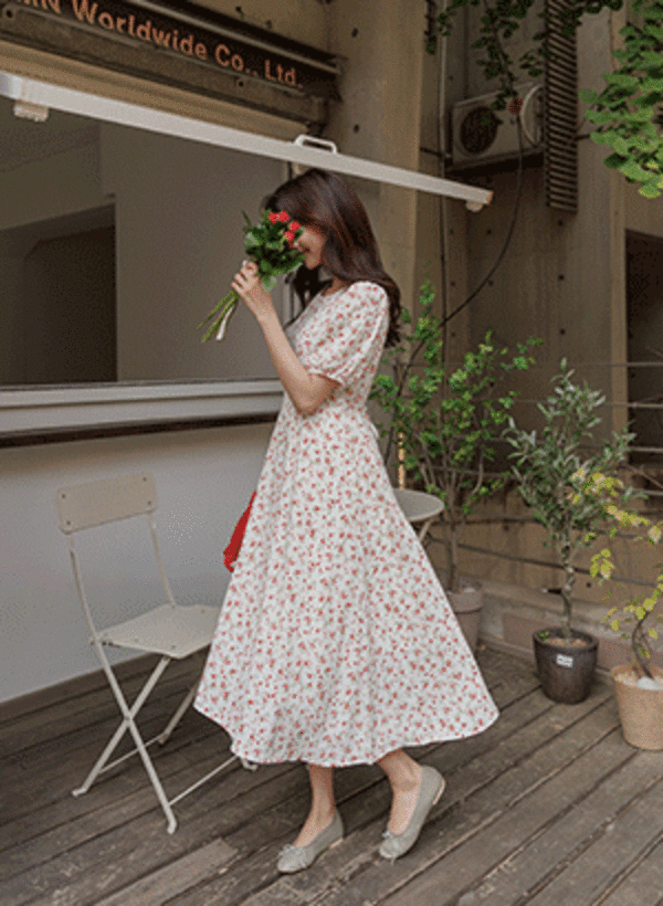 韓國浪漫碎花泡泡袖連身長裙