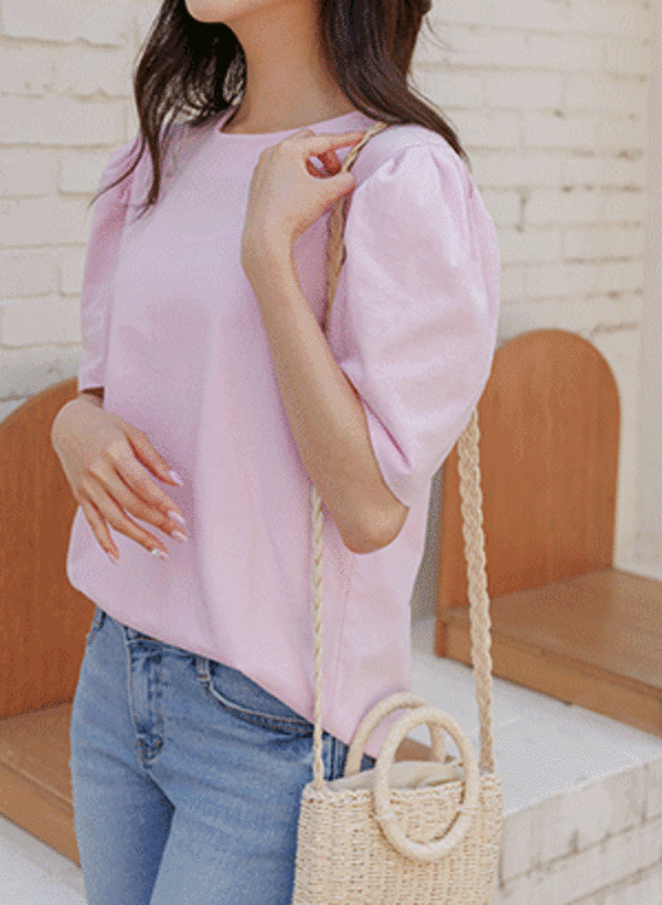 韓國棉質素色抓褶泡泡袖T恤