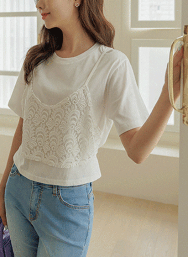 韓國刺繡蕾絲假兩件式短袖T恤