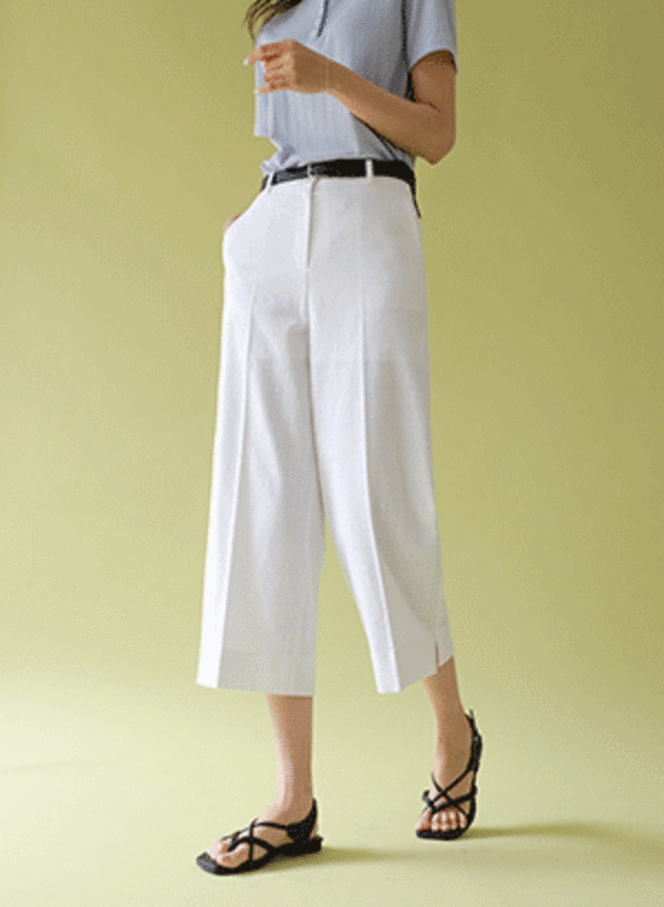 韓國寬鬆亞麻開衩8分一字型長褲