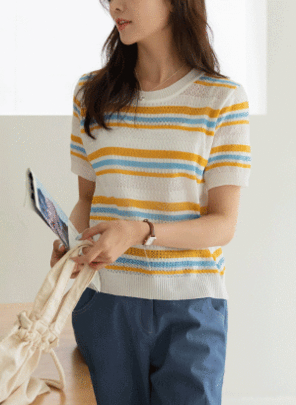 韓國甜美配色條紋夏季針織衫