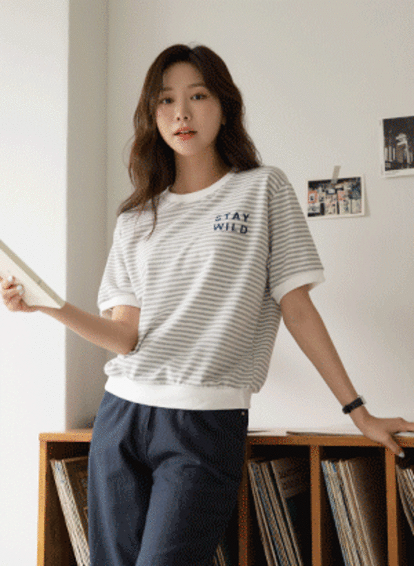 韓國STAY刺繡橫條紋斷袖衛衣